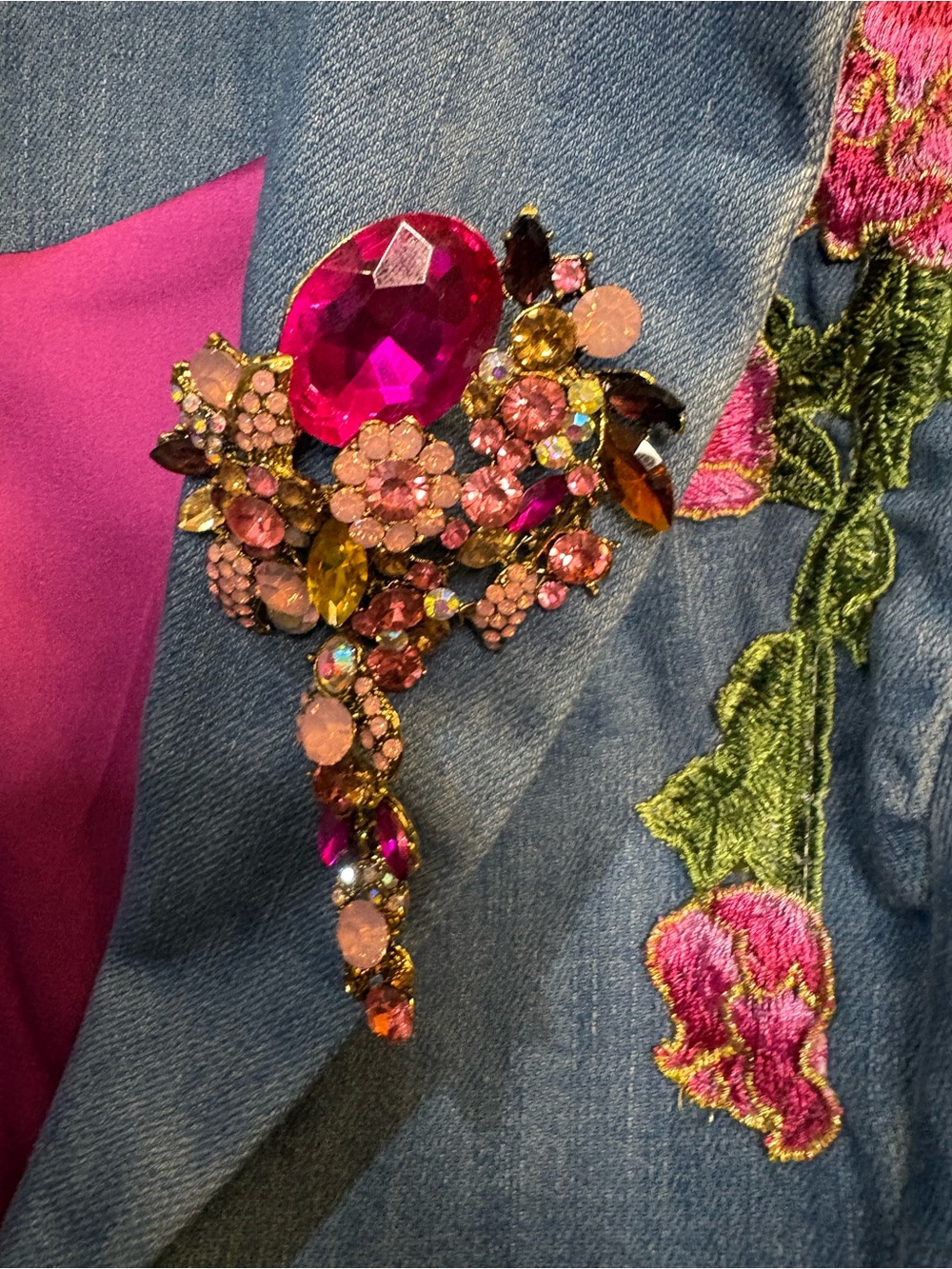 Aratta Silent Journey Montecarlo Blue Denim Blazer with Pink Floral Patch - Picture 9 of 10